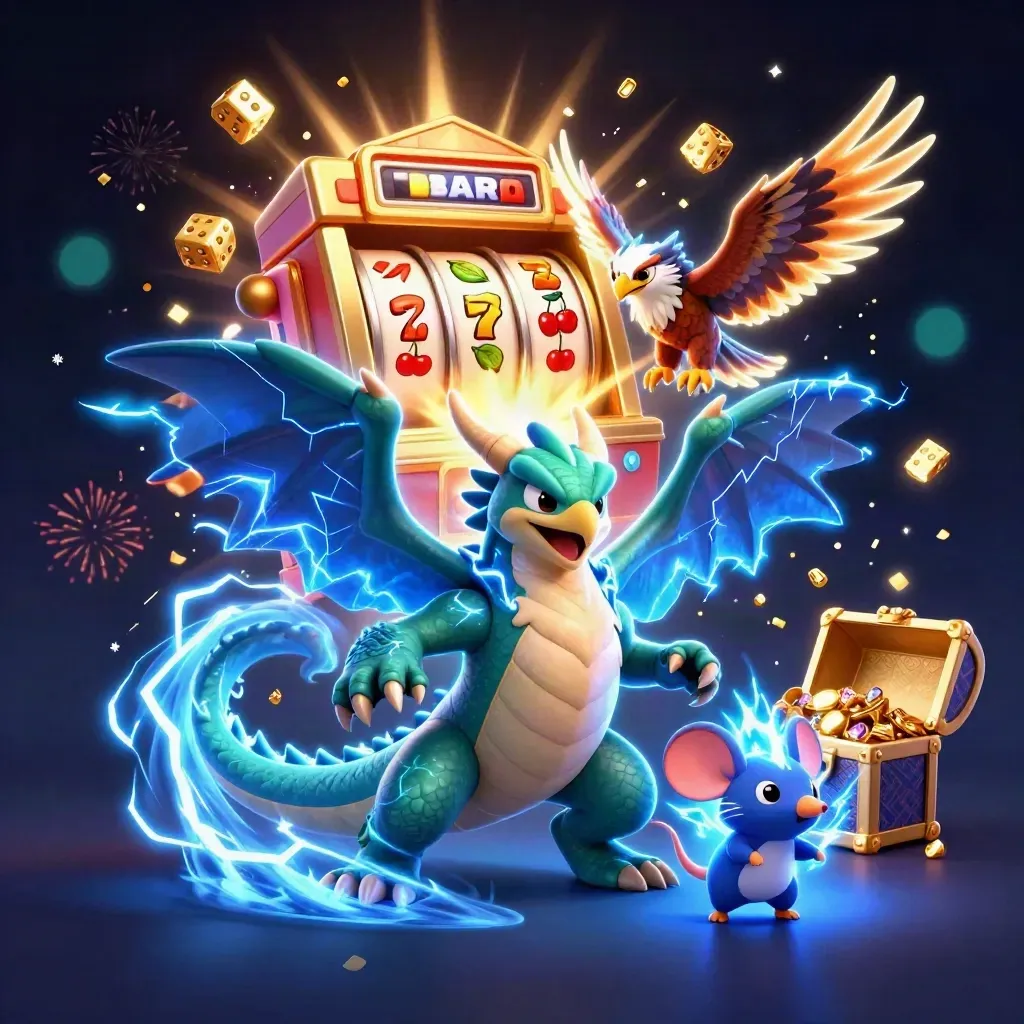 Thunder dragon, wind hawk and static mouse burst around a slot machine with gold and electric-blue energy.