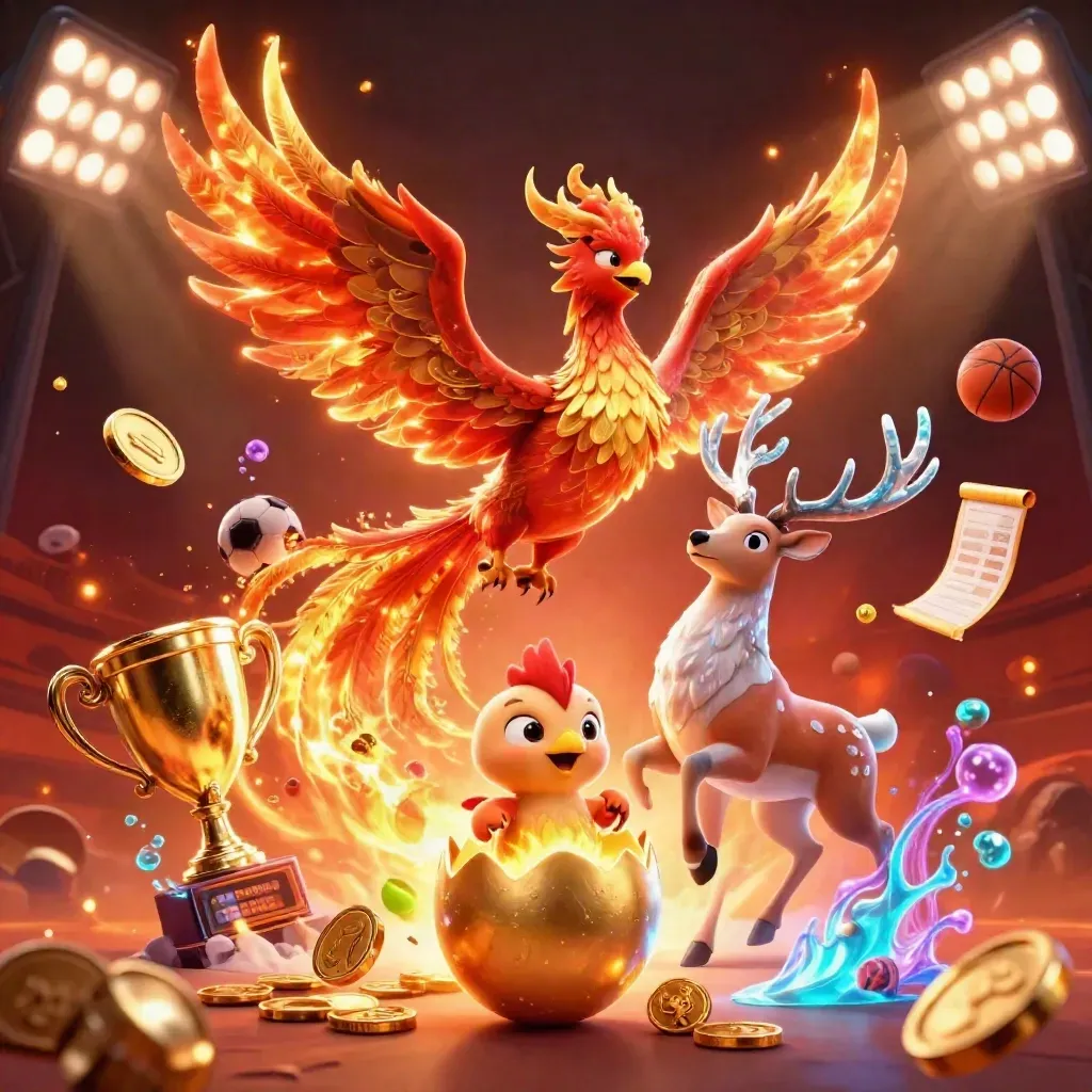 Phoenix, hatchling, and crystal-antler stag amid coins, sports balls, trophy, and glowing casino effects.