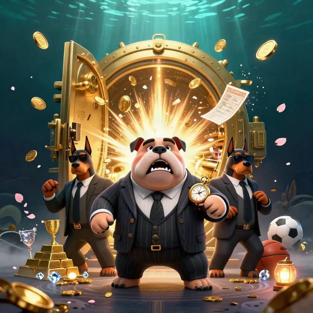 Cartoon bulldog boss and two Doberman guards burst from a gold vault amid coins, gems and fireworks.