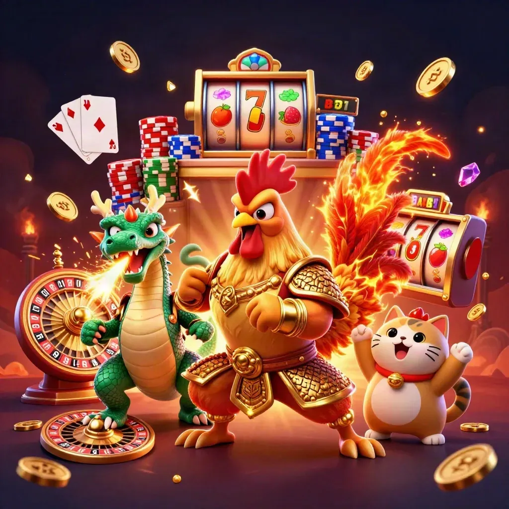 Rooster warrior, dragon hatchling, and fortune-cat amid casino treasure bursts and glowing lights.