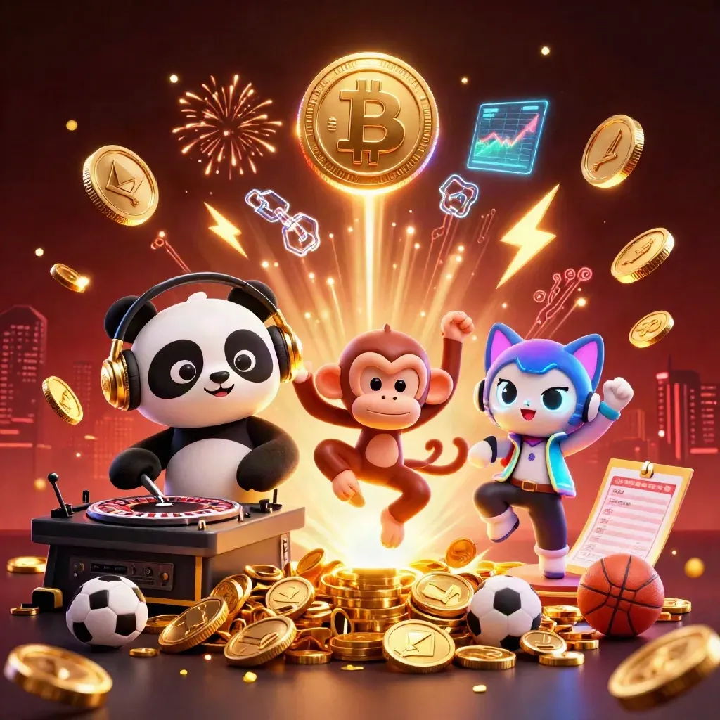 DJ panda, breakdancing monkey, and glow-stick kitten amid coins, fireworks, and casino gaming effects.