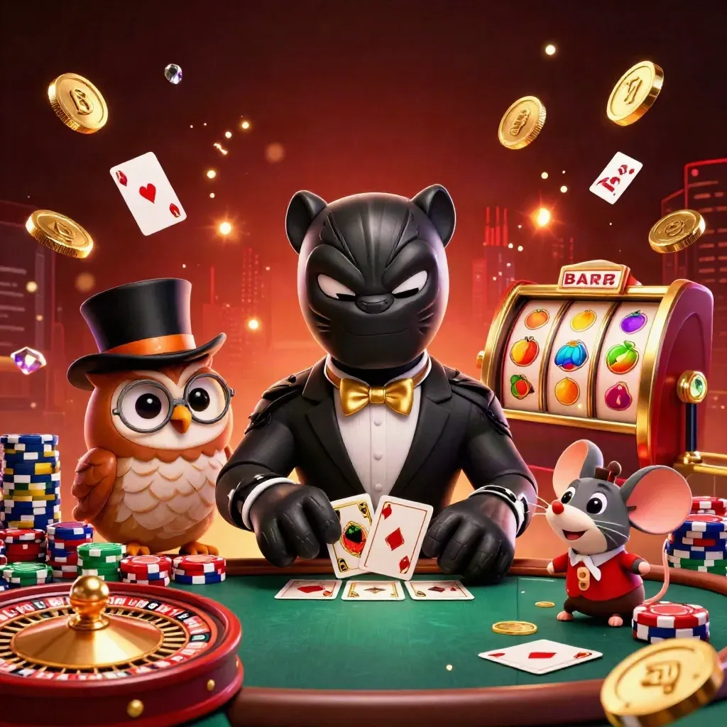 Tuxedo panther, top-hat owl, and mouse amid roulette, coins, chips, and neon casino glow.