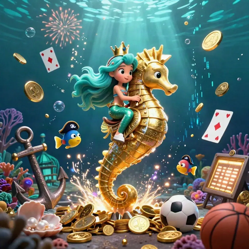 Mermaid princess on a golden seahorse amid coins, fish, coral, and sports icons underwater.