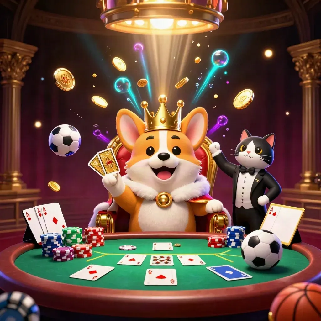 Royal corgi king and cat butler amid casino treasure, chips, sports props, and neon glow.