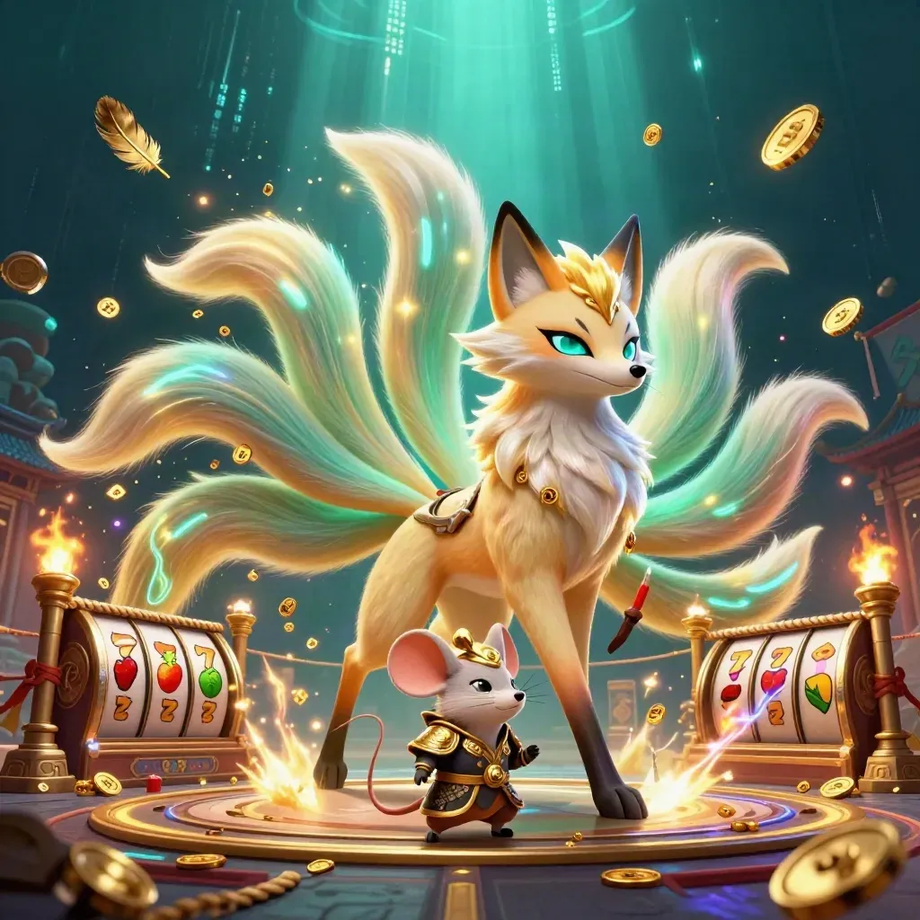 Fox spirit and gold-armoured mouse amid slot reels, coins, neon streaks, and a temple gate.