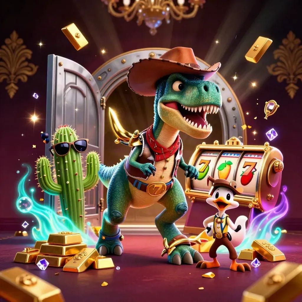 Cowboy T-Rex, cactus sidekick and roadrunner blast from a treasure vault with gold and slot symbols.