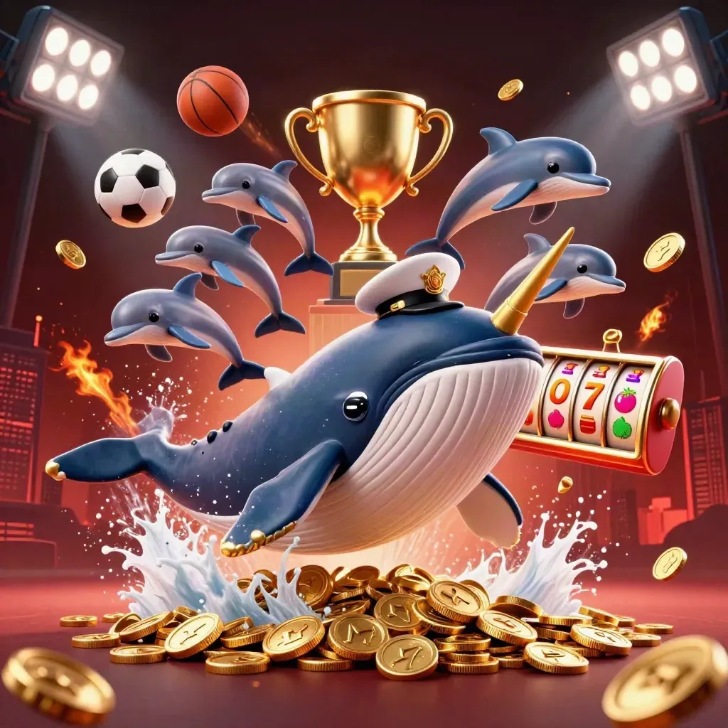 Whale captain, narwhal, and dolphins amid coins, sports balls, trophies, and slot symbols in a red-black glow.