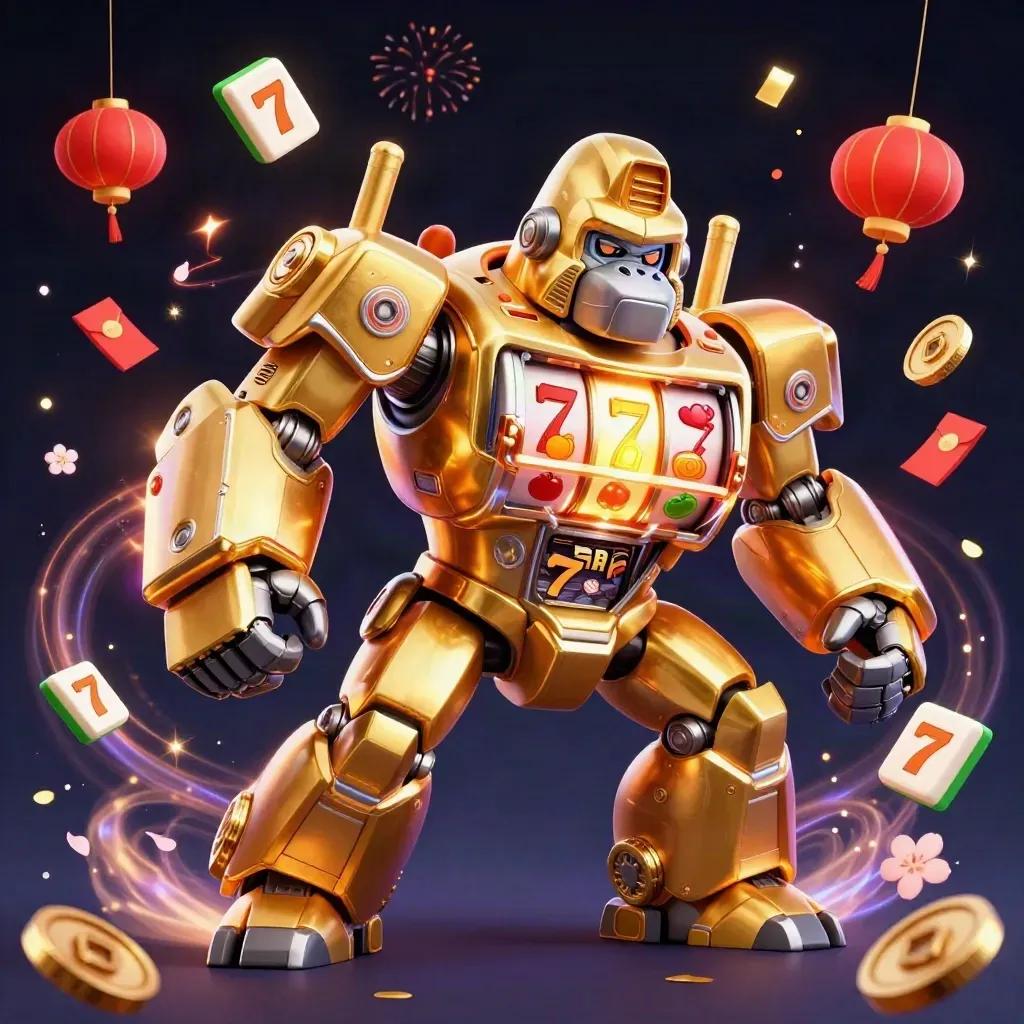 Golden gorilla mech with reel chest and monkey pilot amid casino lucky symbols and fireworks