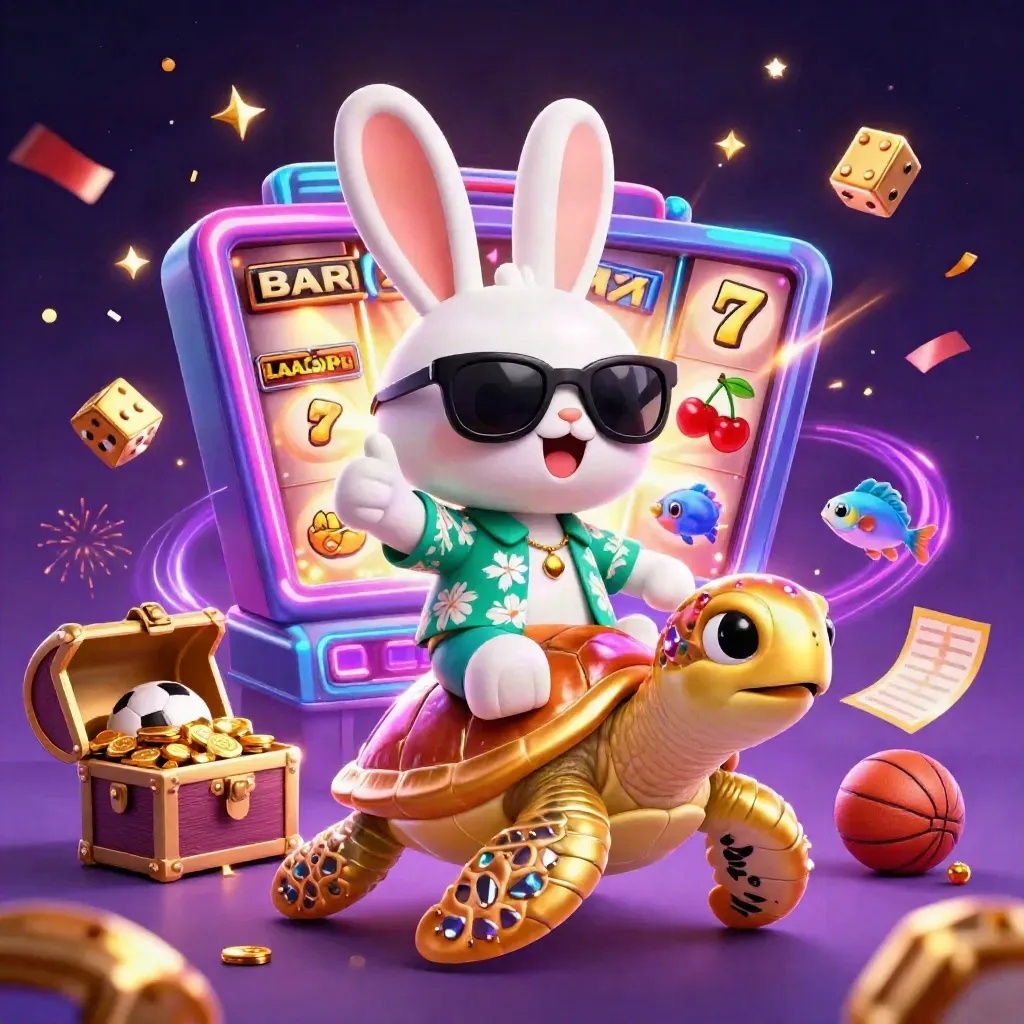 Lucky rabbit rides a golden sea turtle amid casino bursts, gold dice, confetti, and neon sparks.