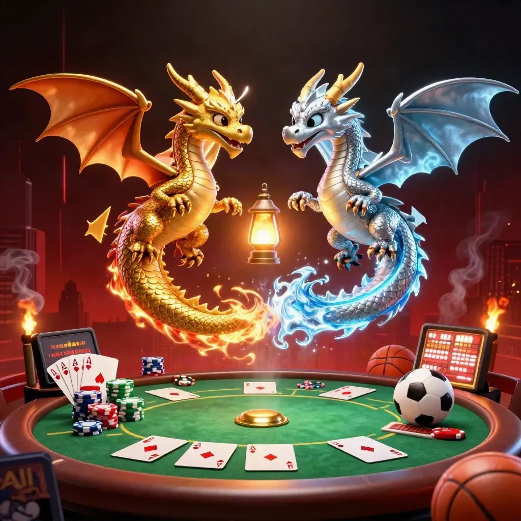 Twin gold and silver dragons with casino chips, cards, sports balls, and neon ember effects.
