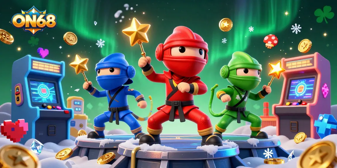 Engage with ON68's vibrant gaming world filled with ninjas, arcade machines, and shiny coins!