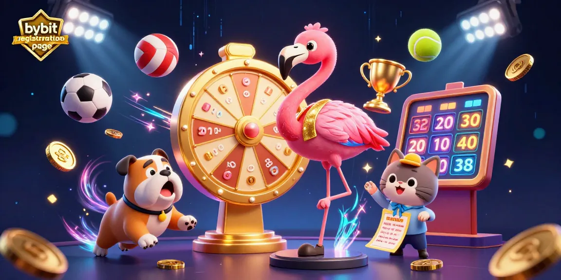 Engage with the bybit registration page as a flamingo host spins a prize wheel among dynamic sports elements.