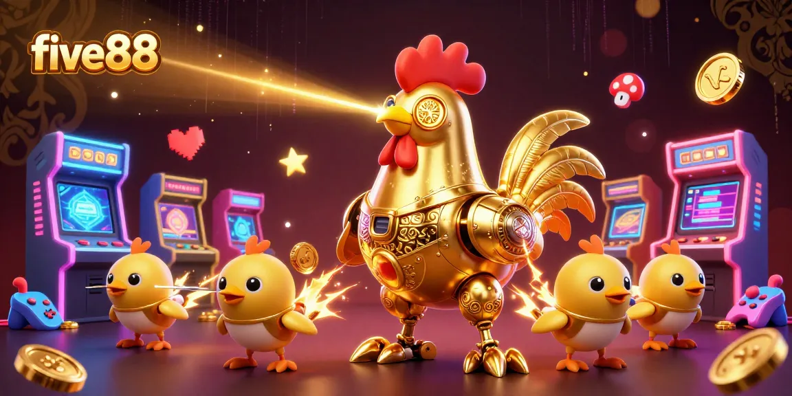 Join the action at five88 with a golden rooster robot and baby chick drones in a vibrant arcade!