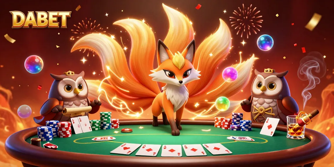 DABET's vibrant poker scene showcases a mystical nine-tailed fox spirit and an owl sage amid colorful chips and cards.
