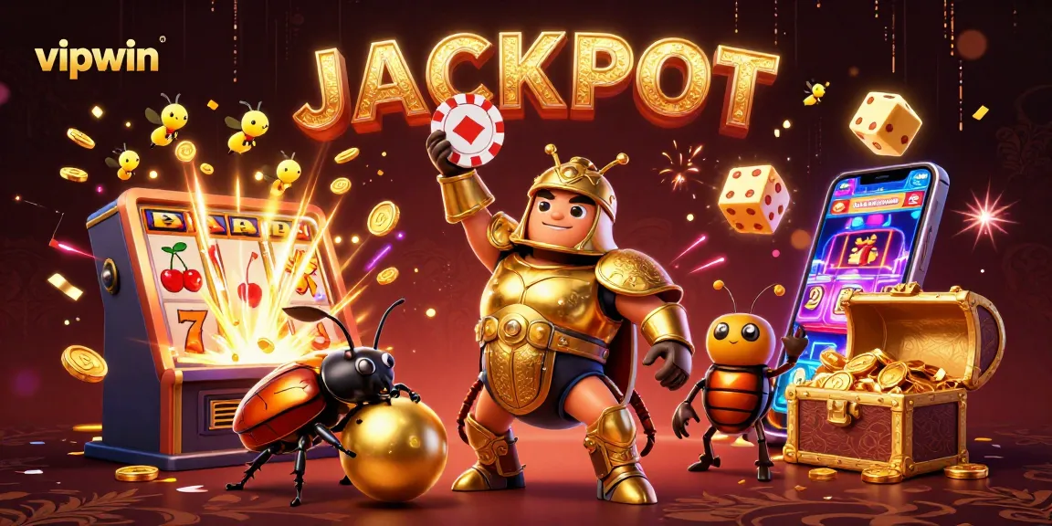 Experience winning thrills at vipwin with a vibrant jackpot scene featuring cartoon characters lifting a poker chip.