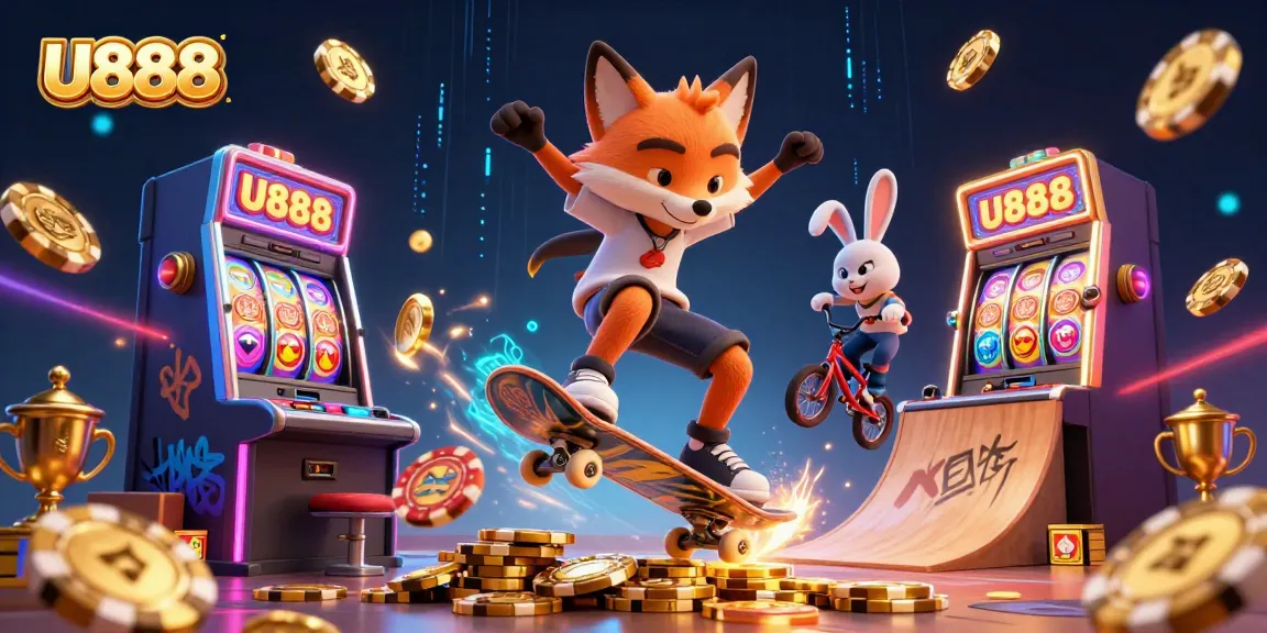U888 showcases dynamic slot gaming action with vibrant, colorful characters and casino elements.