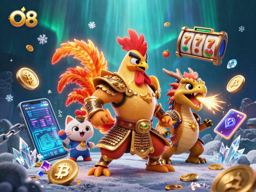 Engage in O8's vibrant casino world featuring a golden armored rooster, dragon, and crypto elements.
