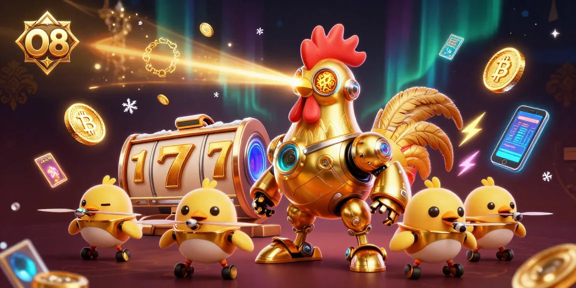 Engage with O8 in a colorful 3D casino scene filled with vibrant slot elements, crypto coins, and innovative gaming features.