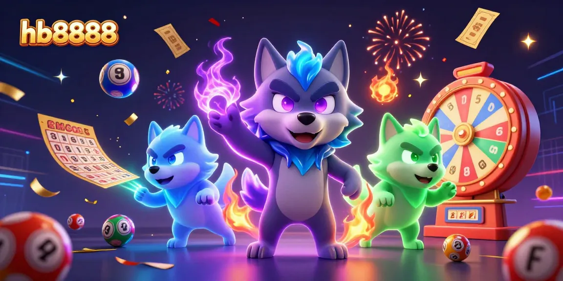 Win big with hb8888 as the energetic wolf trio celebrates vibrant lottery and gaming elements.
