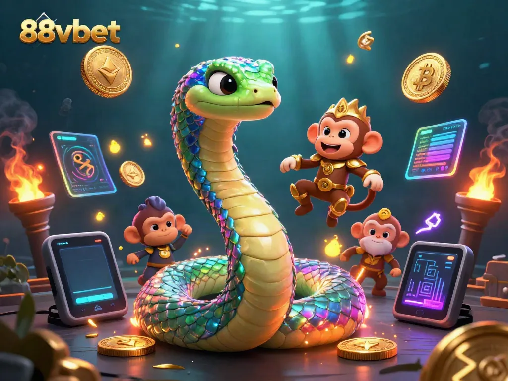 Join the exciting world of 88vbet with a vibrant 3D illustration showcasing a rainbow serpent and monkey king in a dynamic casino scene.