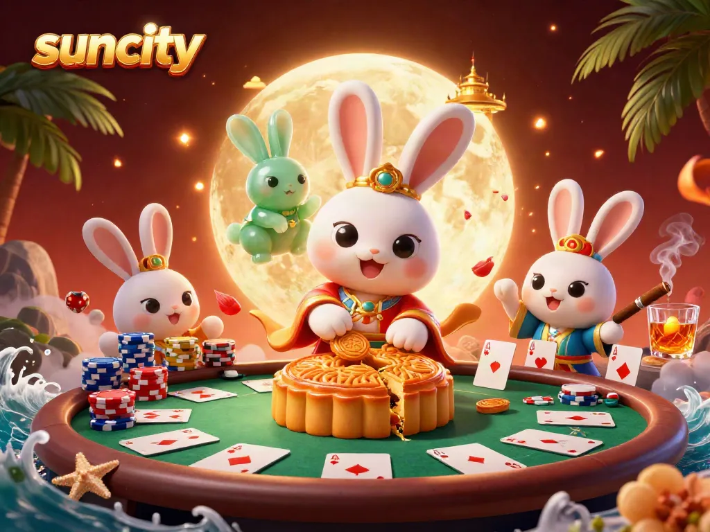Experience suncity's vibrant gaming atmosphere with a moon rabbit and jade companion on a lively lunar poker scene.