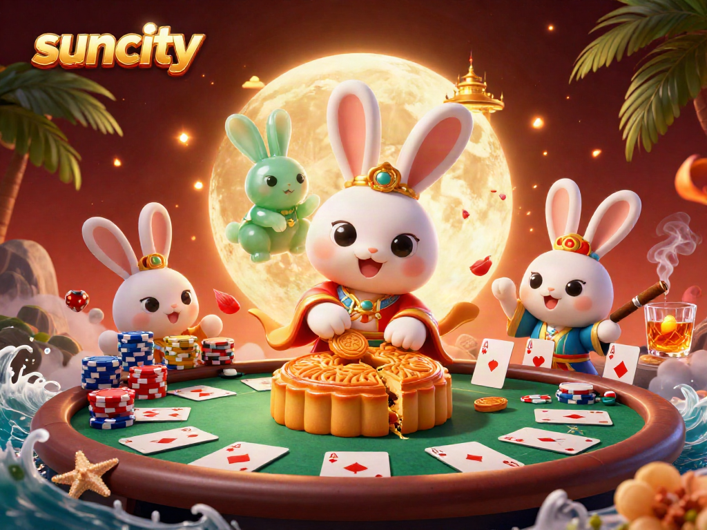 Experience suncity's vibrant gaming atmosphere with a moon rabbit and jade companion on a lively lunar poker scene.