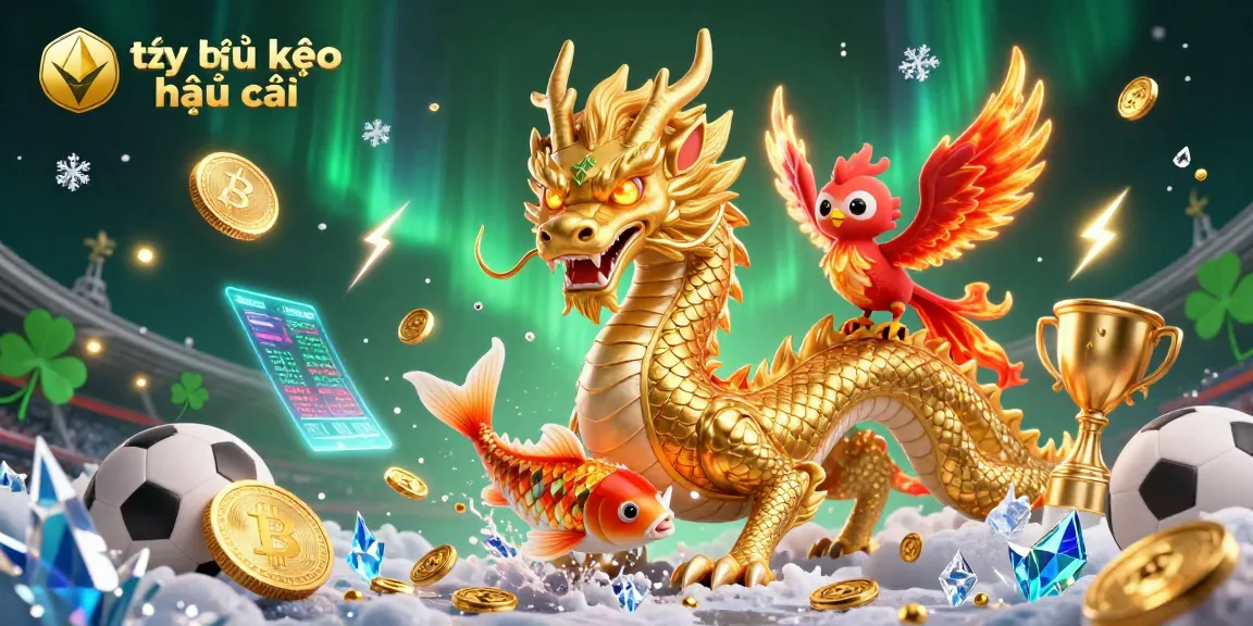 Engage with tỷ lệ kèo nhà cái as the dragon, phoenix, and koi fish celebrate sports betting amidst coins and digital elements.