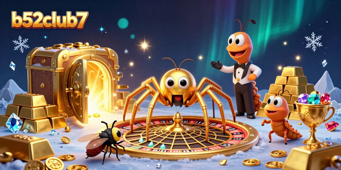 Bets are placed at b52club7 with a golden spider spinning a roulette wheel web, surrounded by treasure.