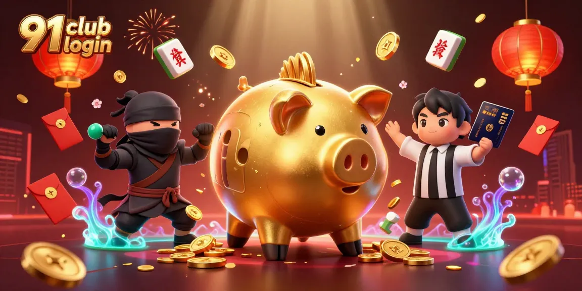 Engage in 91 club login with a dynamic scene featuring gold coins, characters, and vibrant casino elements.