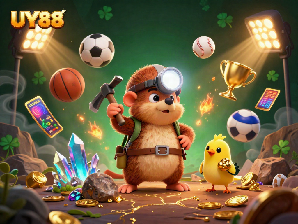 Experience the excitement of UY88's gaming world with a vibrant 3D treasure hunting scene.