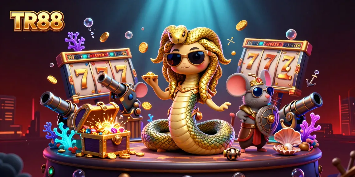 Explore TR88's vibrant gaming scene with Medusa, warrior mouse, and treasure.
