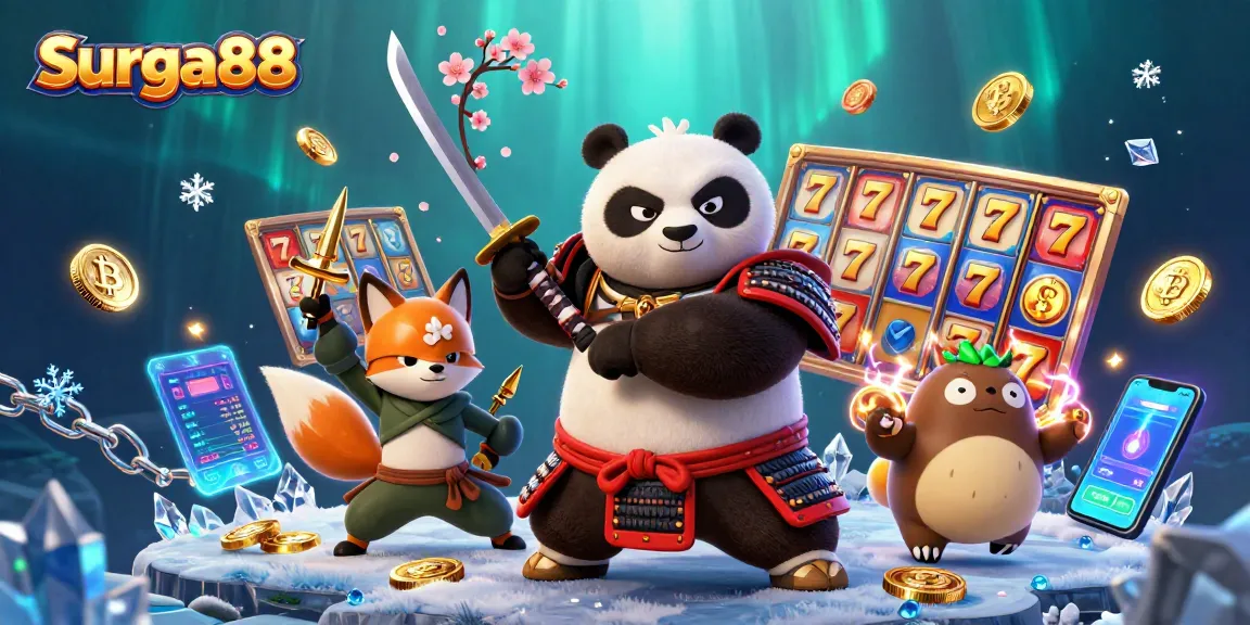 Experience Surga88 with a vibrant 3D casino scene featuring samurai panda, ninja fox, and magical elements.