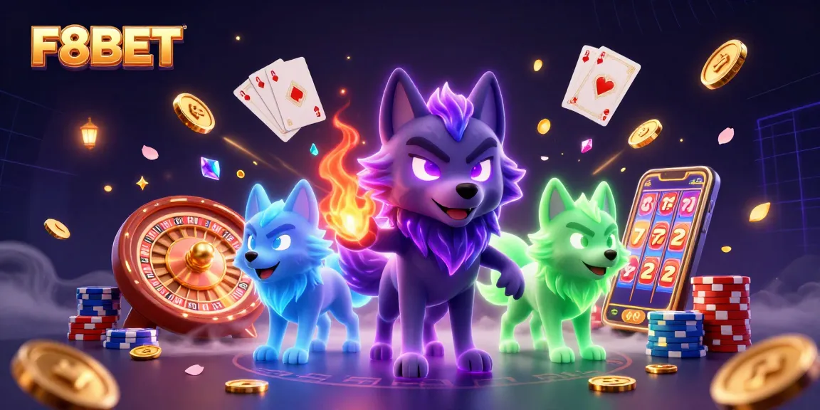 Experience thrilling gameplay with F8BET, featuring vibrant 3D wolves amidst casino elements.