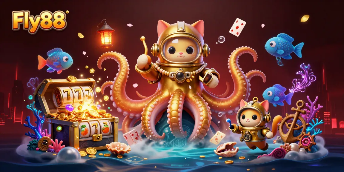 Fly88 features a colossal kraken and a diving cat in an exciting treasure-filled casino scene.