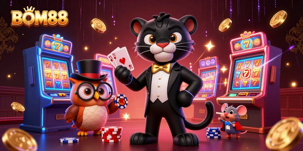 Experience thrilling gameplay at BOM88 with a stylish panther dealing cards in a vibrant casino scene.