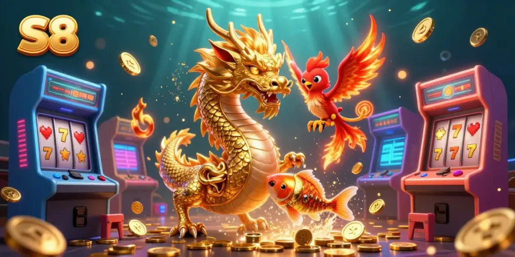 Experience dynamic gaming with S8's golden dragon, phoenix, and koi fish amidst vibrant casino elements.