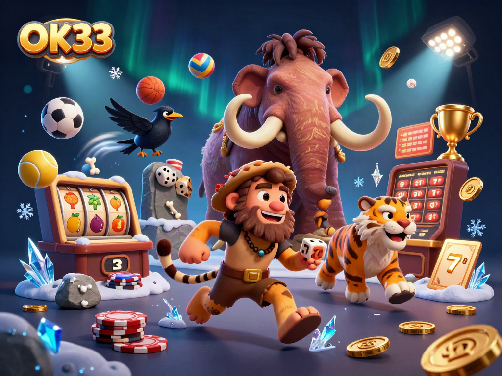 Experience thrilling gaming moments at OK33 with vibrant 3D casino scenes featuring unique prehistoric elements.