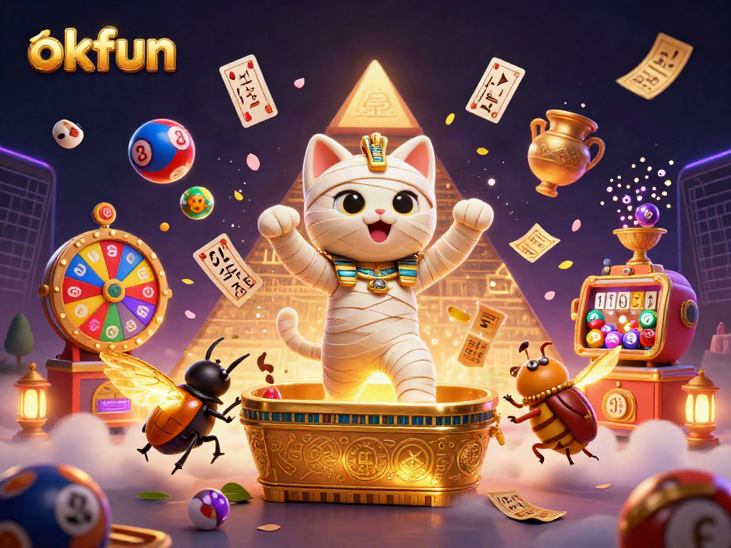 Experience vibrant fun at okfun with a golden sarcophagus and animated lottery elements.