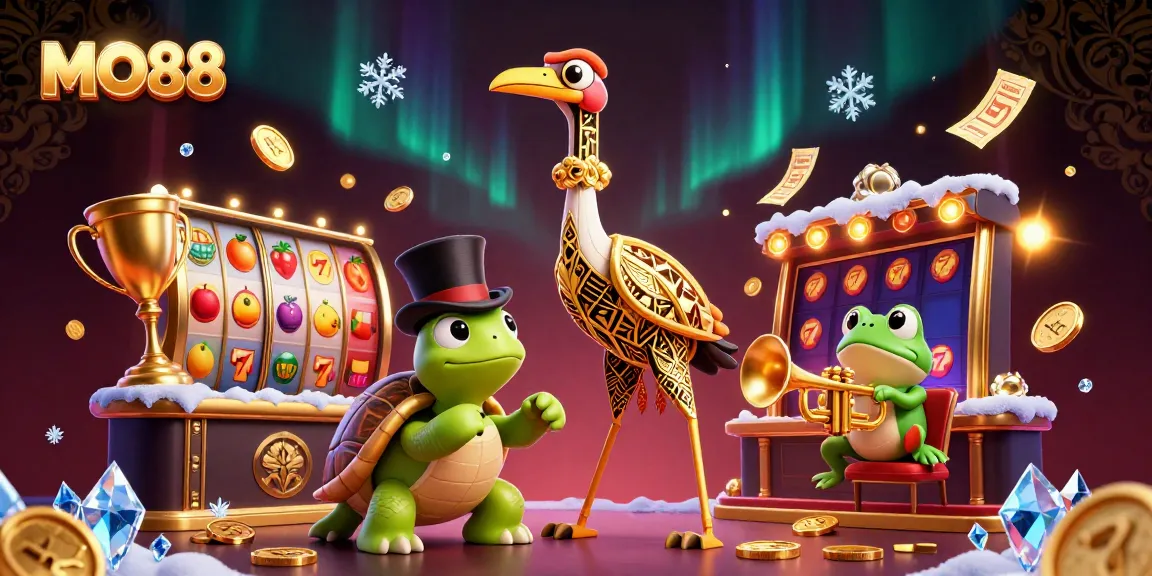 Engage with MO88's vibrant casino scene featuring dynamic slot elements and lively characters.