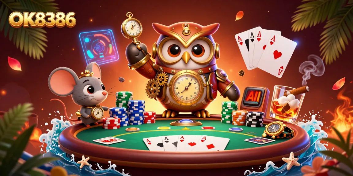 Experience the thrill of OK8386 at this vibrant casino scene with steampunk owls and poker elements.