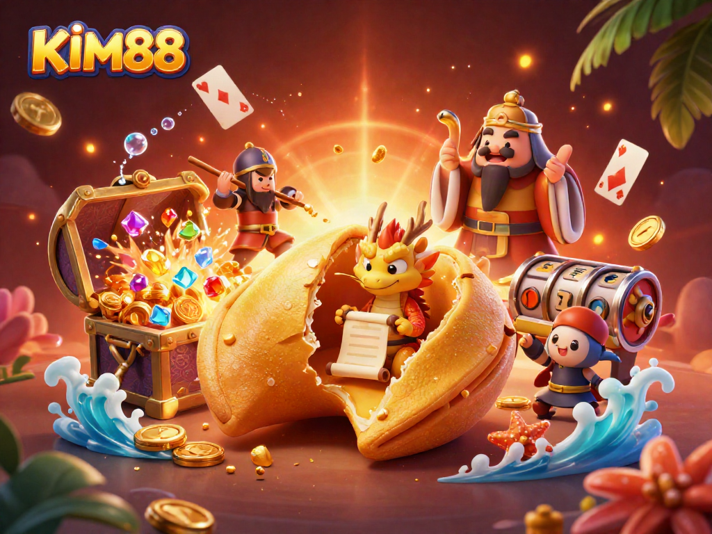 KIM88 showcases a vibrant, animated casino scene with golden elements and lively characters representing excitement in gaming.