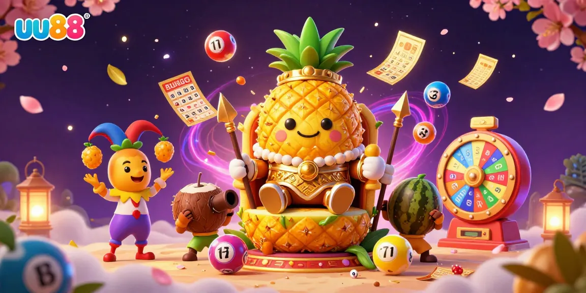 Experience vibrant gambling fun with uu88's dynamic beach casino scene featuring colorful lottery elements and characters.