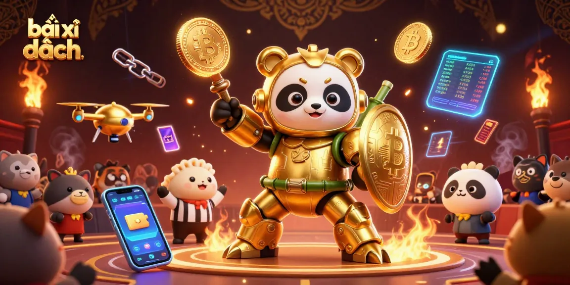 Engage in bài xì dách with an exciting 3D scene of a golden panda piloting a robot amidst vibrant crypto elements.