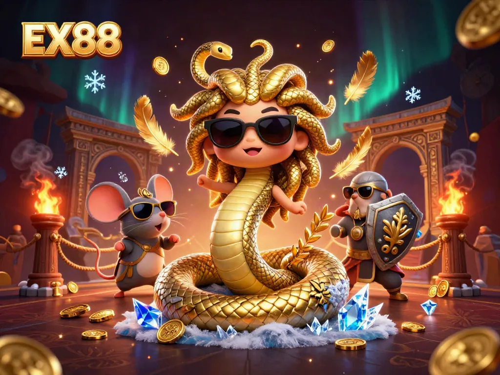Medusa and warrior mouse showcase EX88 in a vibrant casino-themed 3D fantasy setting.