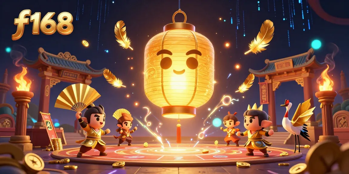 Experience the thrill of f168 with vibrant casino action featuring golden lantern spirits and betting tokens.