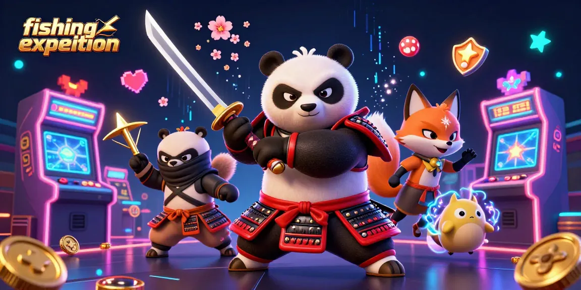Thrilling fishing expedition scene with samurai panda and ninja fox in a vibrant casino atmosphere.