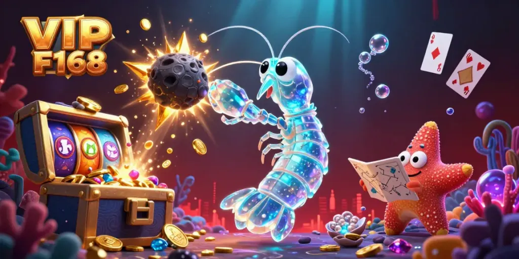 Engage with VIP F168 as a galactic mantis shrimp transforms an asteroid into gems and coins.