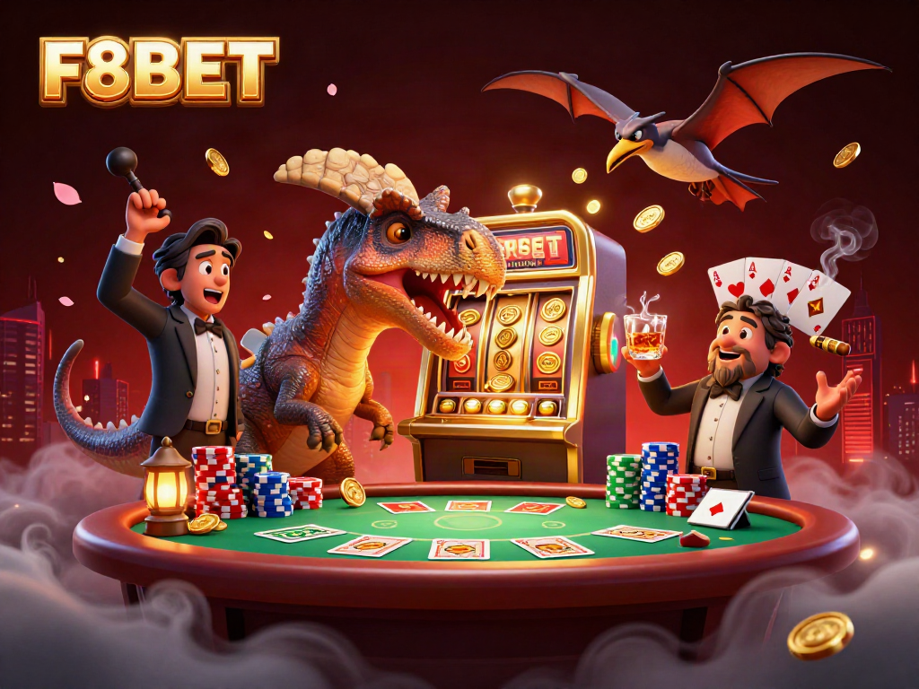 F8BET pachycephalosaurus wins jackpot coins from golden slot machine in dynamic casino scene.