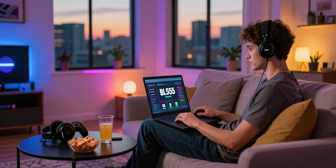 Engaging scene of a young adult using the BL555 gaming platform on a laptop with vibrant LED lights.