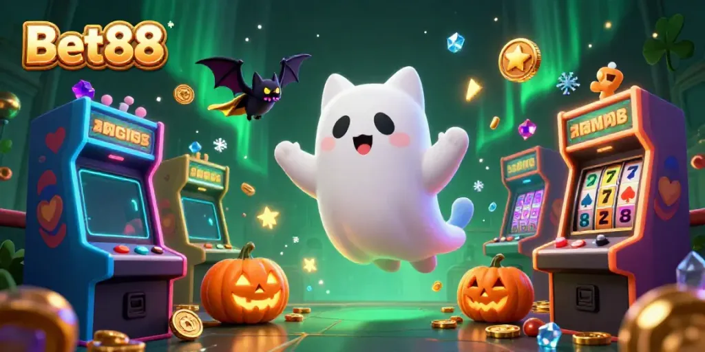 Engage with vibrant casino excitement in Bet88 featuring a ghostly cat, arcade games, and slot elements.